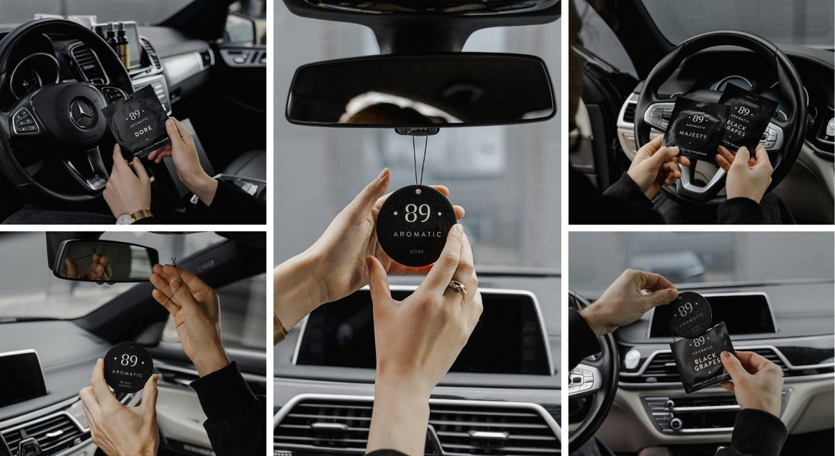 Aromatic 89 hanging air freshener on a car rear-view mirror