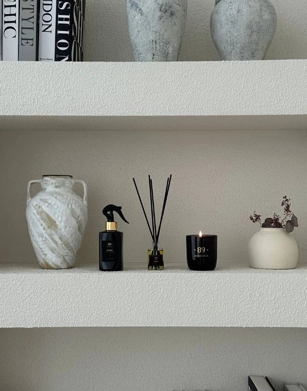 Aromatic 89 reed diffuser, room spray and candle set in a home interior
