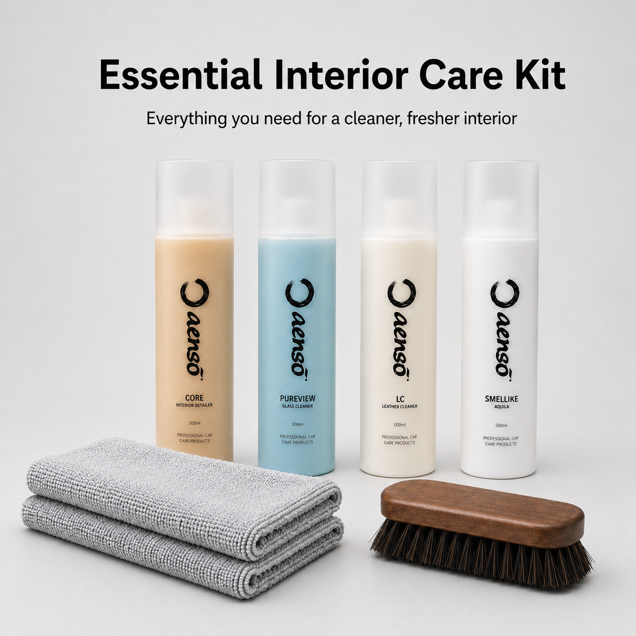 Essential interior care kit with cleaning products and tools on a white background