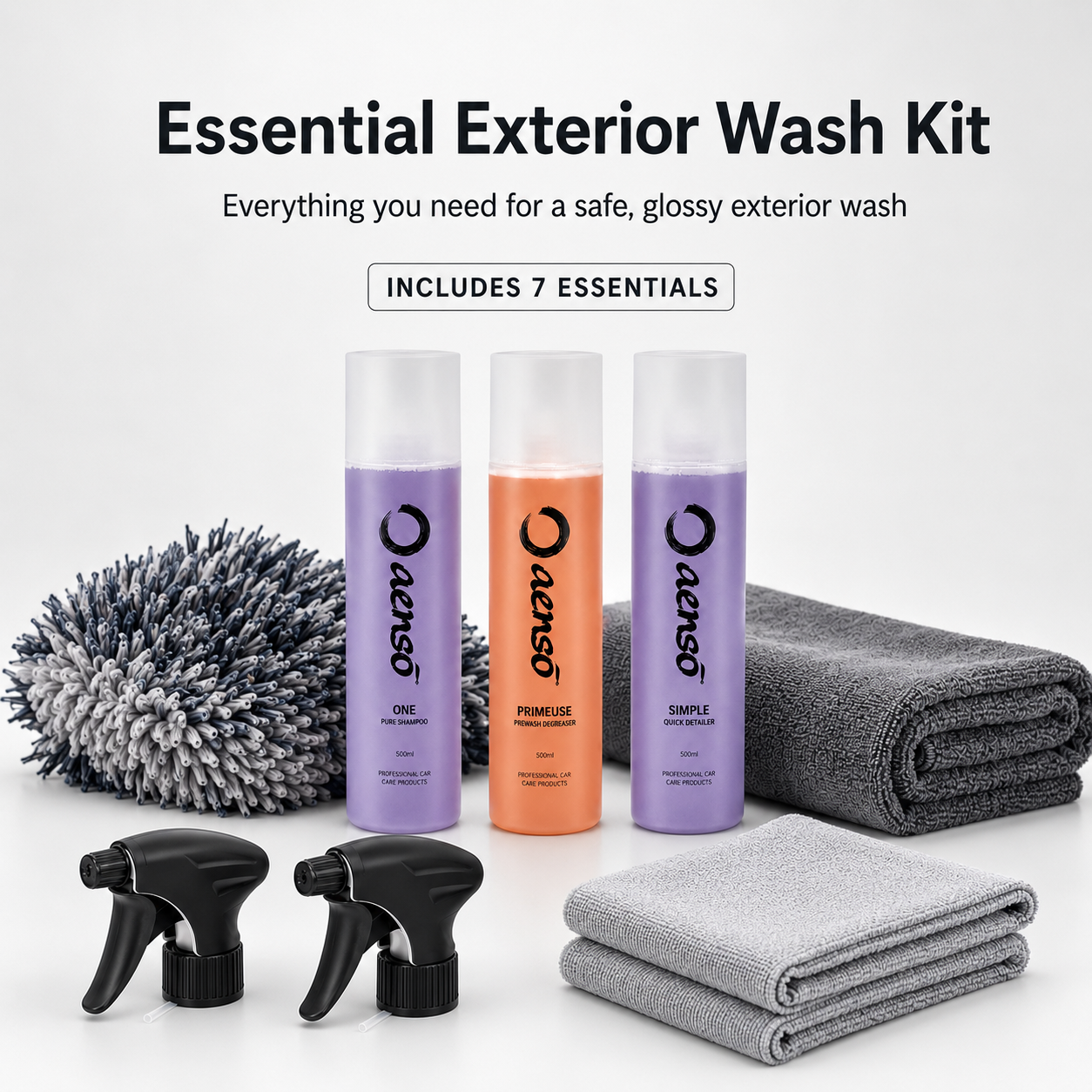 Essential Exterior Wash Kit with Aenso One Shampoo, Primeuse Pre-Wash Degreaser, Simple Quick Detailer, wash mitt, drying towel and microfibres