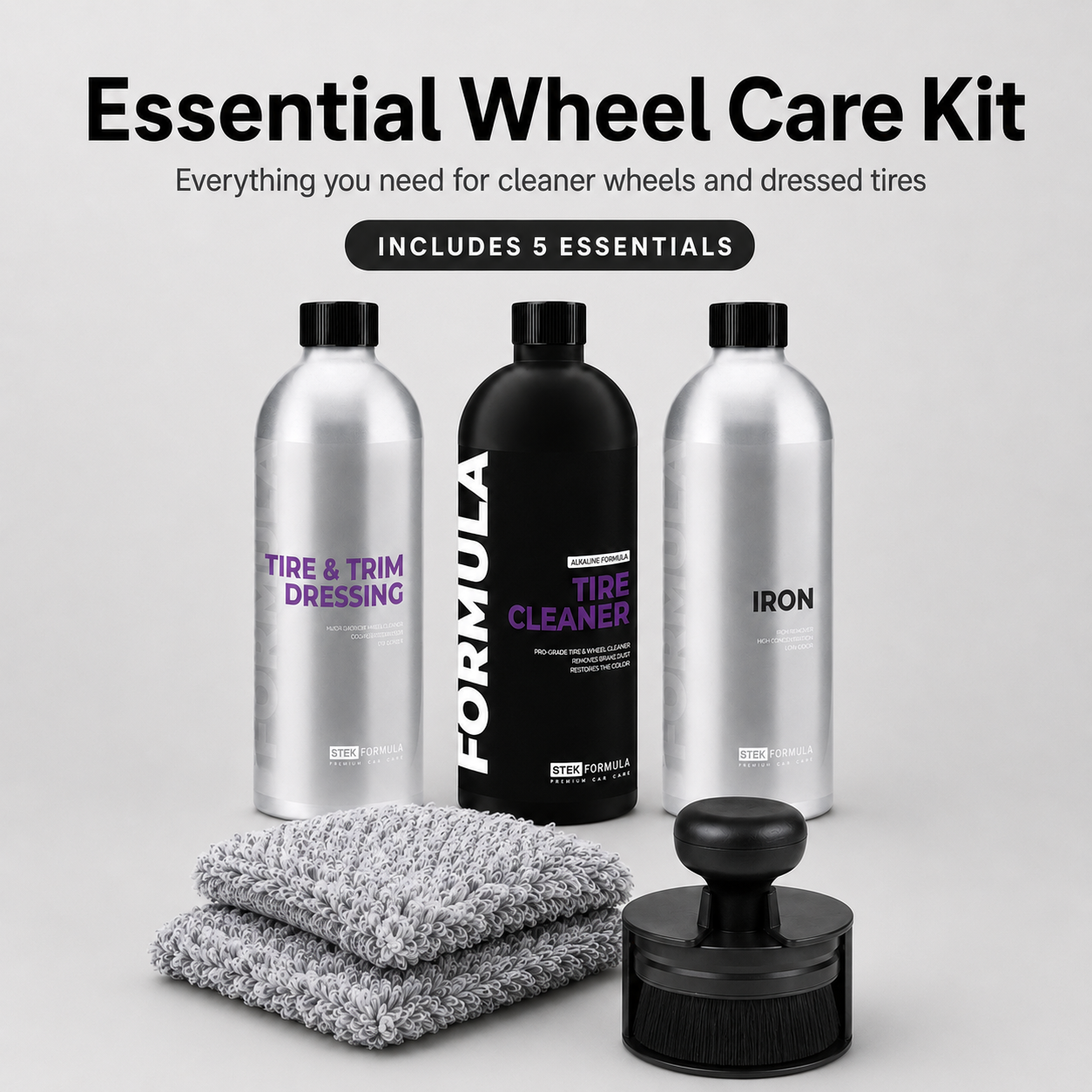 Essential wheel care kit with bottles and tools on a light gray background