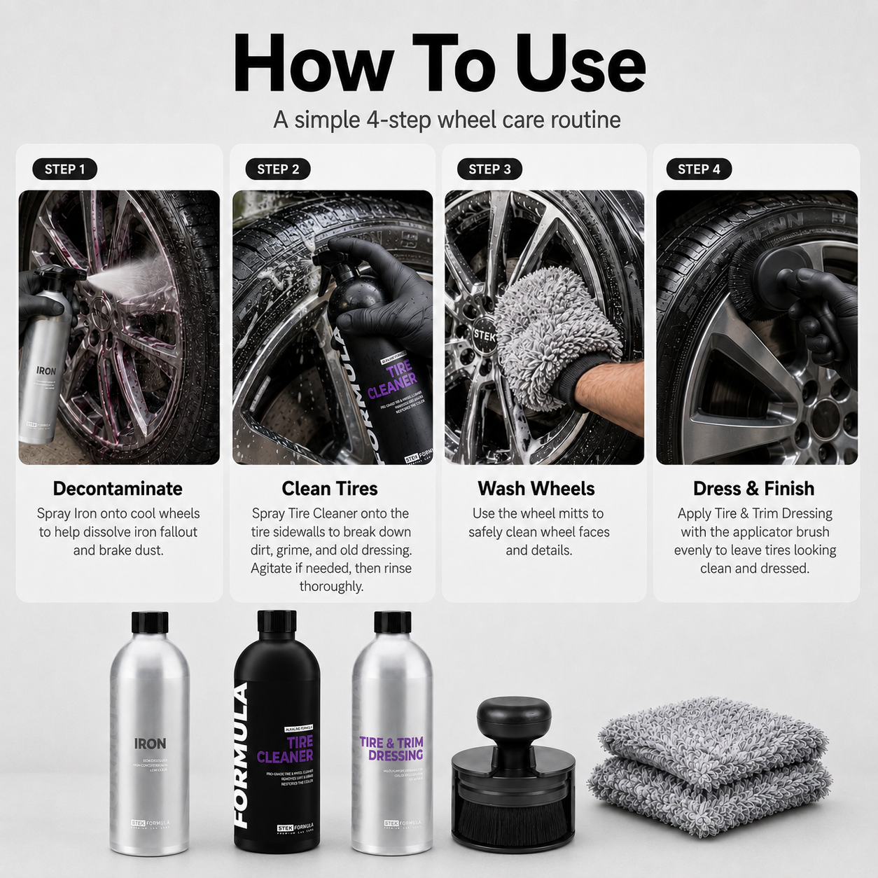 Step-by-step guide to a 4-step wheel care routine with products displayed.