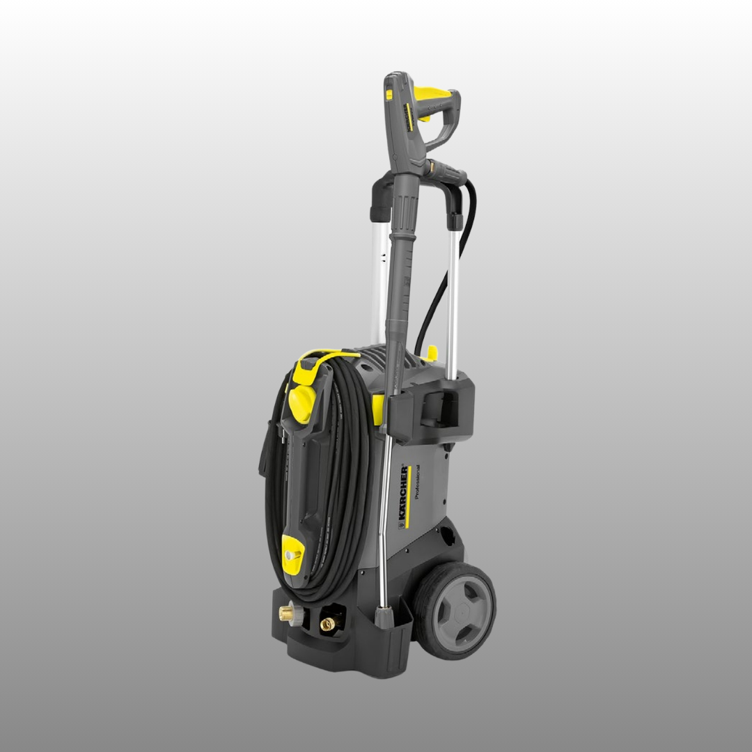 High-pressure washer with hose on a gray background