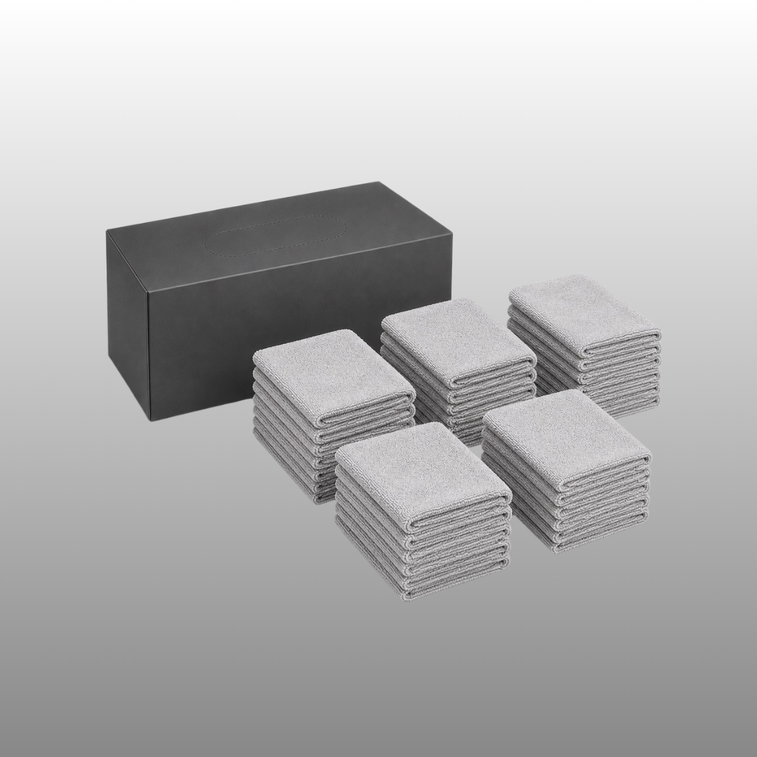 240GSM microfibre towels folded beside box