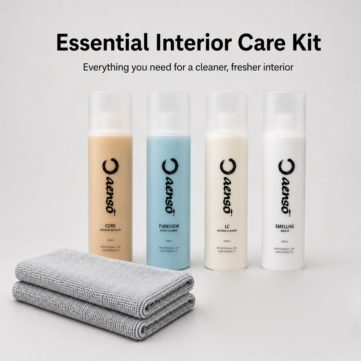 Essential Interior Care Kit with Aenso Core, Pureview, LC Leather Cleaner, Smellike Aquila and two microfibre cloths