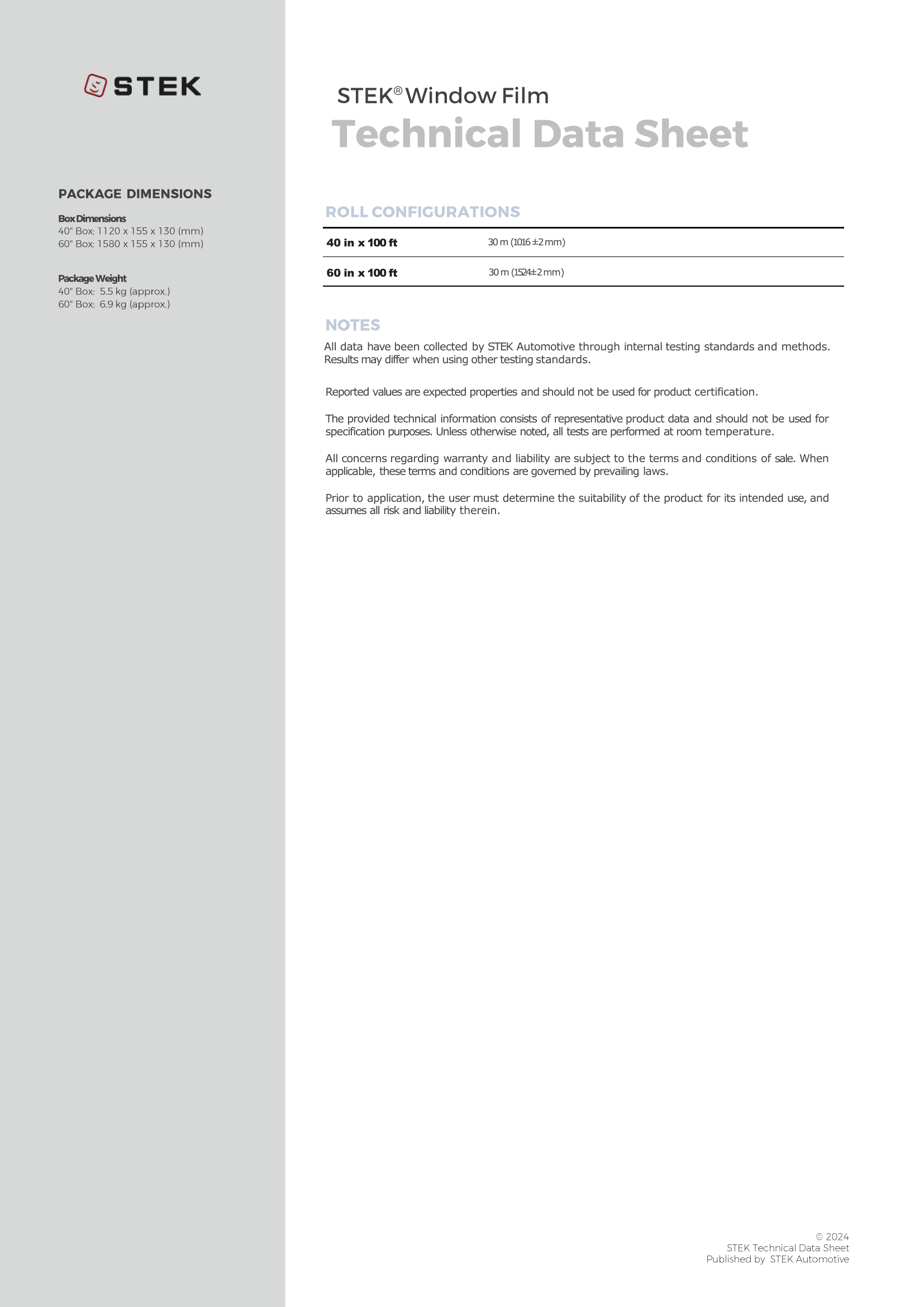 Technical data sheet for STEK STEK2 Window Film roll, showing specifications, package dimensions, and notes on a white page with a gray sidebar.