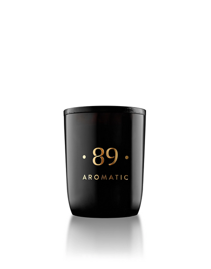 Aromatic 89 scented soy wax candle in black glass jar