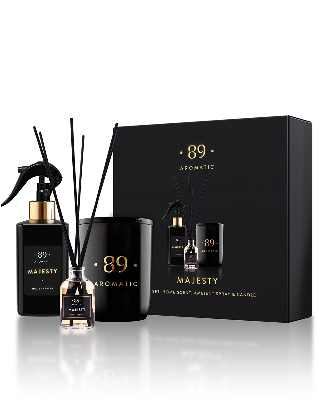 Aromatic 89 home fragrance gift set with reed diffuser, room spray and perfumed candle