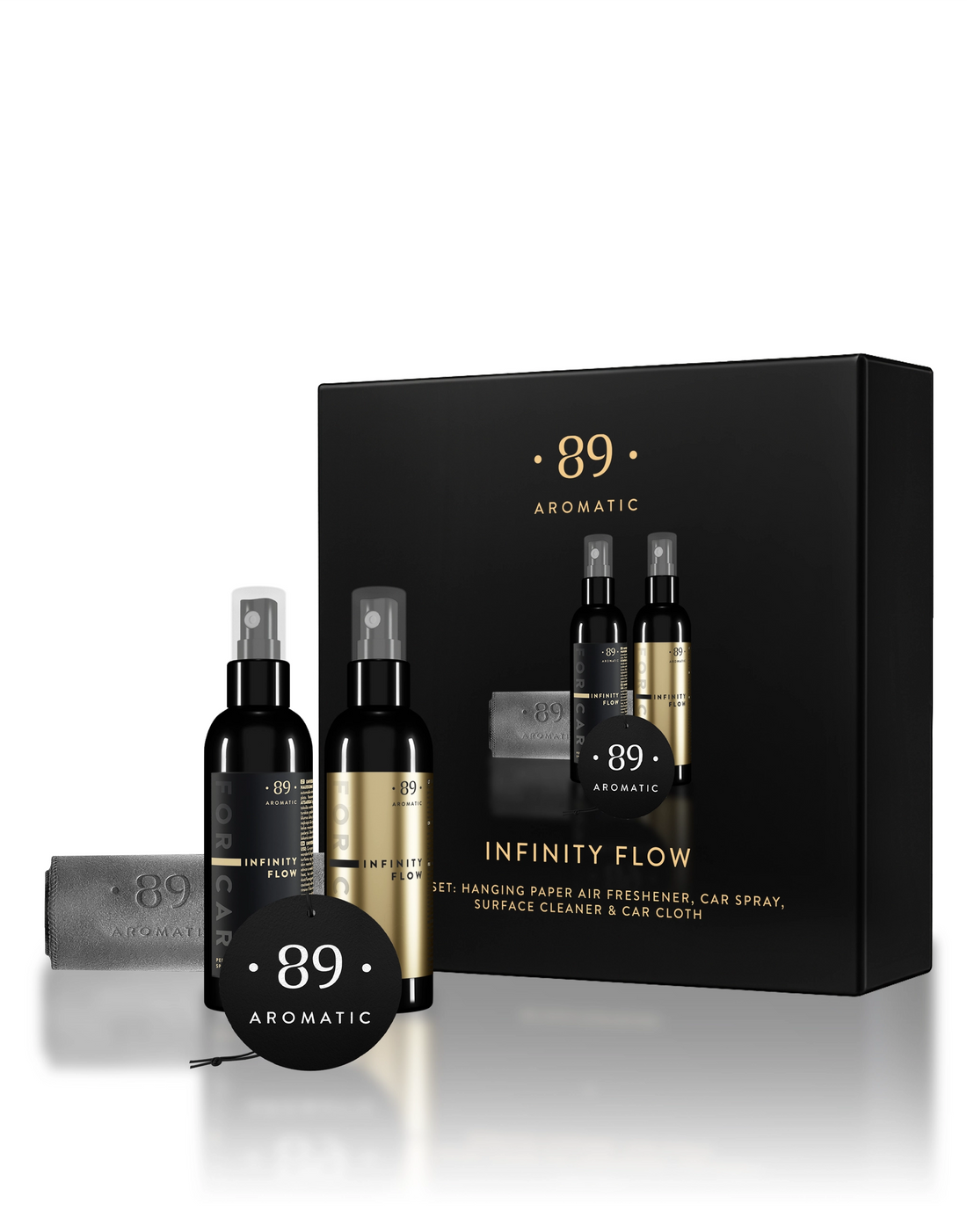 Aromatic 89 Car Care Set with fragrance spray, hanging air freshener, dashboard cleaner and microfibre cloth