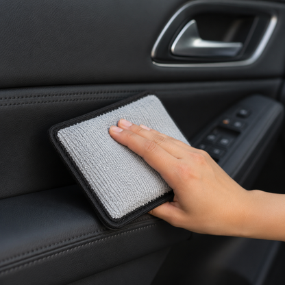Using microfiber scrubbing pad on car interior door panel