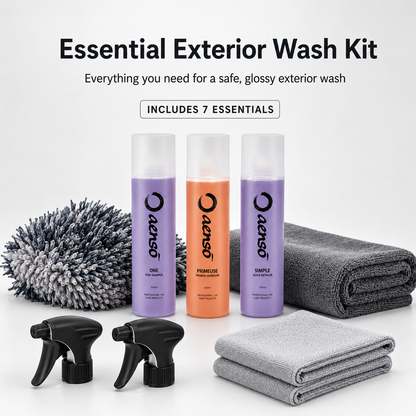 Essential Exterior Wash Kit with Aenso One Shampoo, Primeuse Pre-Wash Degreaser, Simple Quick Detailer, wash mitt, drying towel and microfibres