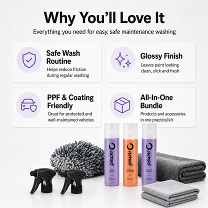 Product bundle with cleaning supplies and text highlighting features on a white background