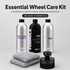 Essential wheel care kit with bottles and tools on a light gray background