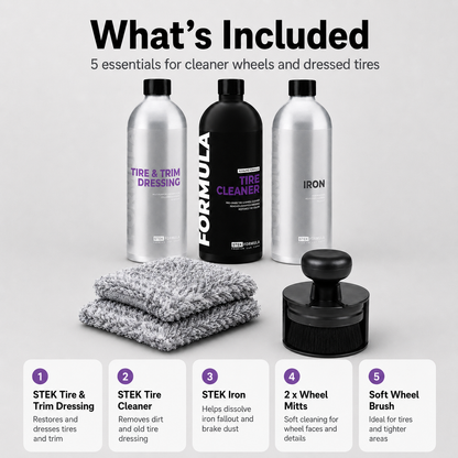 Set of tire care products including bottles and tools on a white background