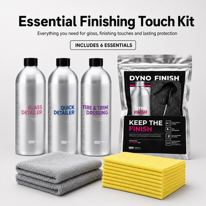 Dyno Finish Essential Finishing Touch Kit with bottles, cloths, and packaging on a white background