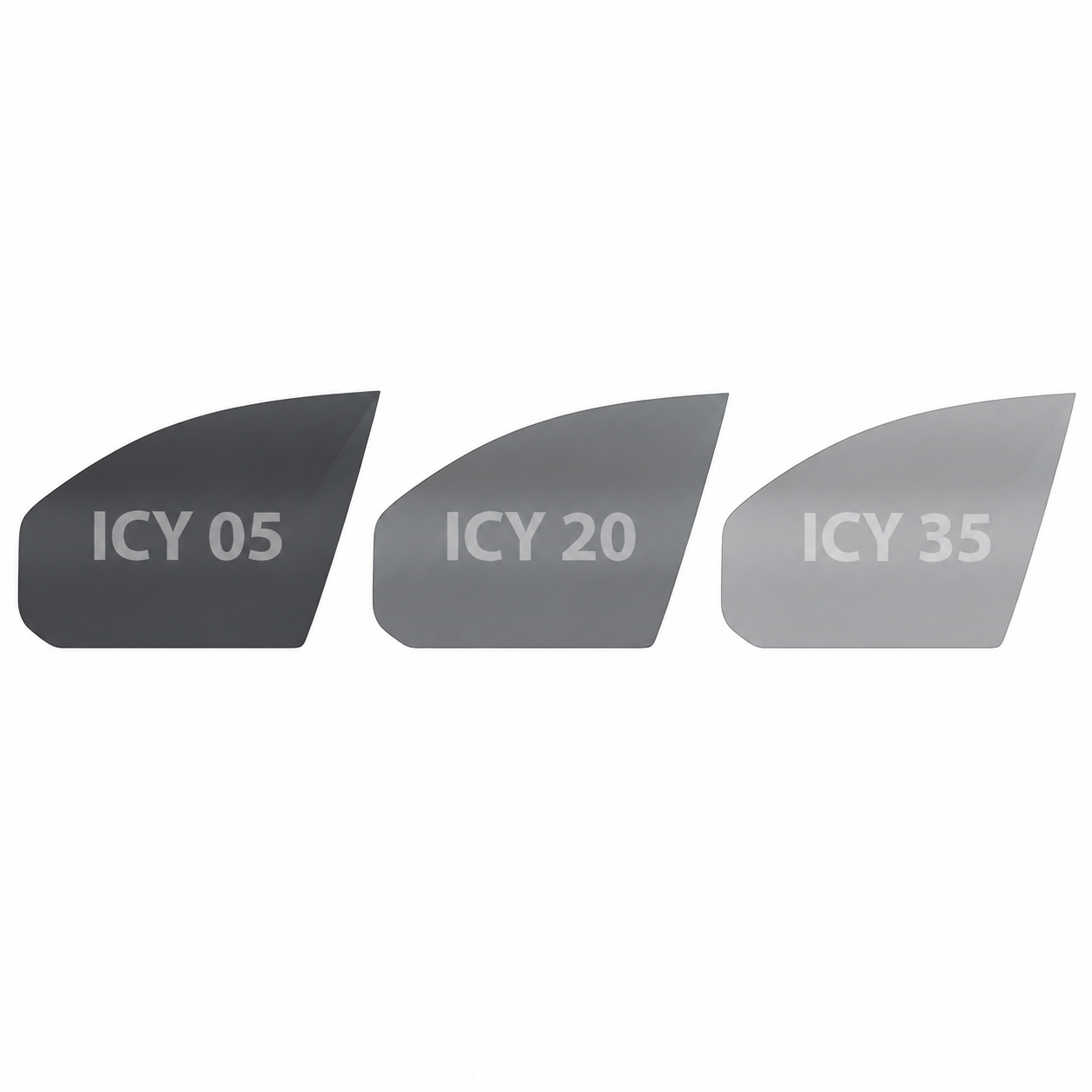 Three tinted lens film pieces labeled ICY 05, ICY 20, and ICY 35, shown in dark gray, medium gray, and light gray on a white background.