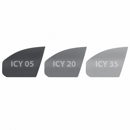 Three tinted lens film pieces labeled ICY 05, ICY 20, and ICY 35, shown in dark gray, medium gray, and light gray on a white background.