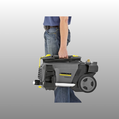 Person holding a Karcher pressure washer on a gray background