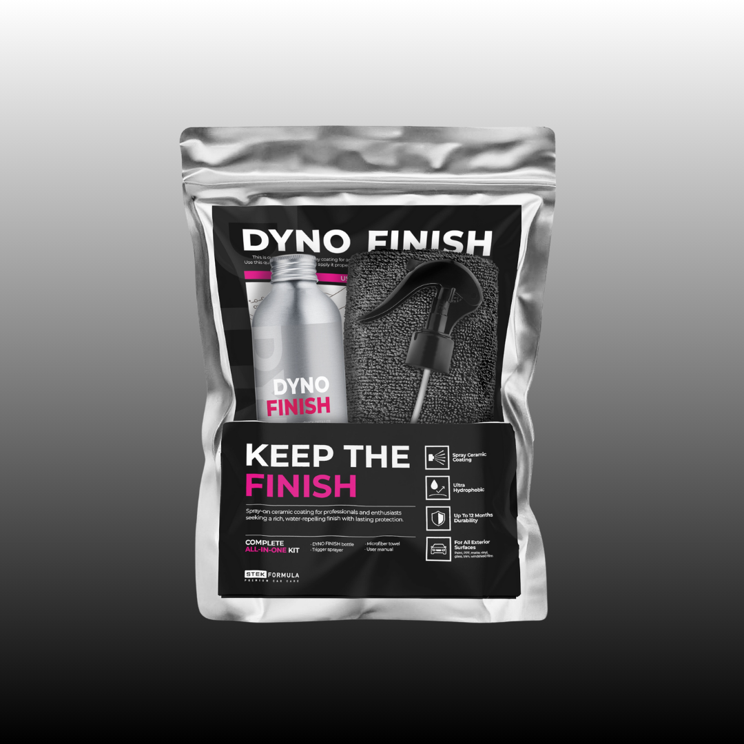 Dyno Finish product packaging on a gradient gray background
