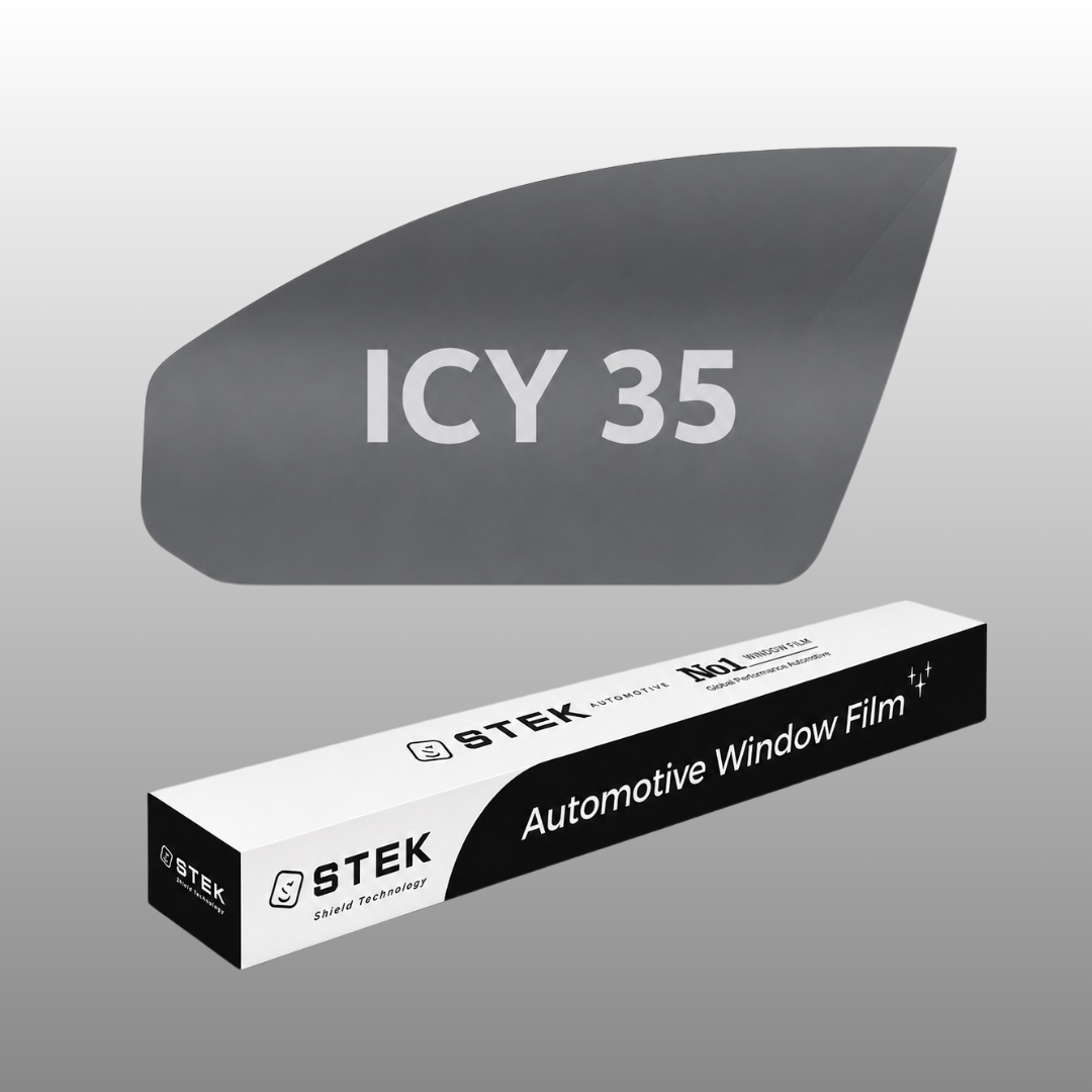 STEK ICY 35 automotive window film shown as a gray tinted film sample above its white and black retail box on a light gray gradient background.