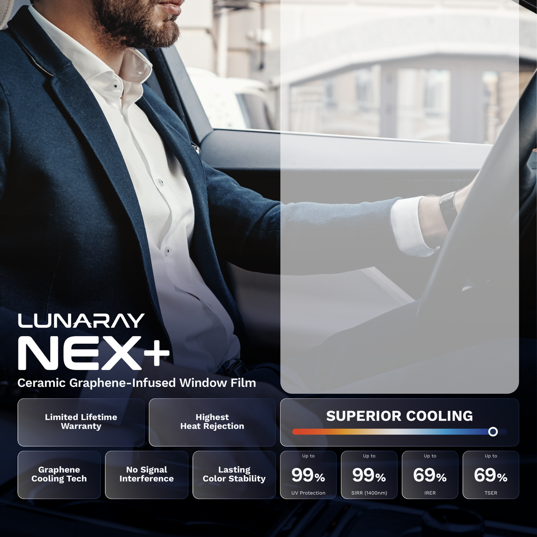 Driver in a car with STEK LUNARAY NEX+ window film, showing lifetime warranty, graphene cooling and no signal interference