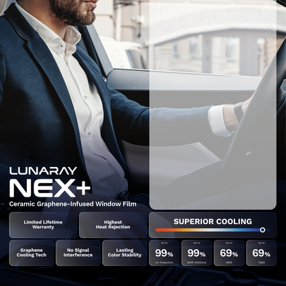 Driver in a car with STEK LUNARAY NEX+ window film, showing lifetime warranty, graphene cooling and no signal interference