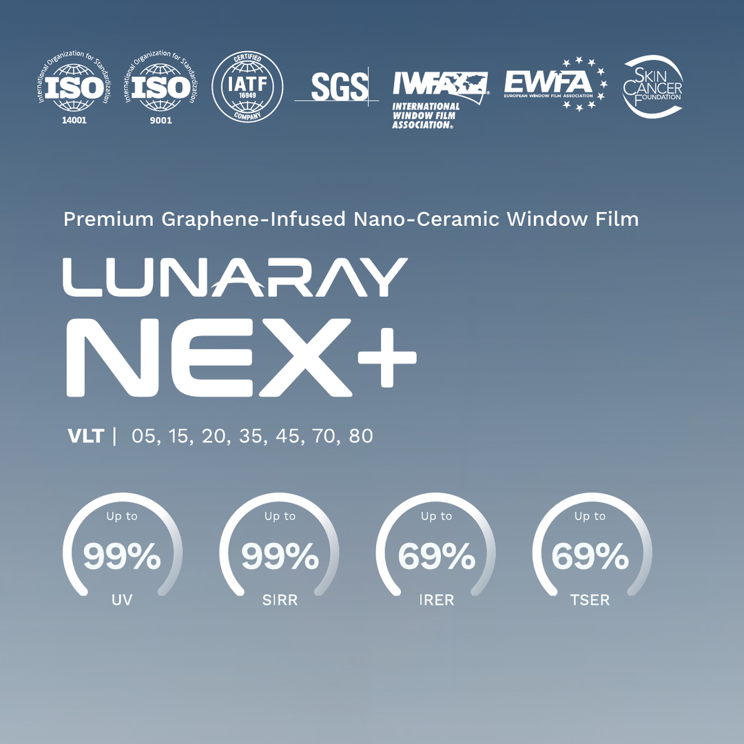 STEK LUNARAY NEX+ premium graphene-infused nano-ceramic window film with 99% UV and SIRR, 69% IRER and TSER