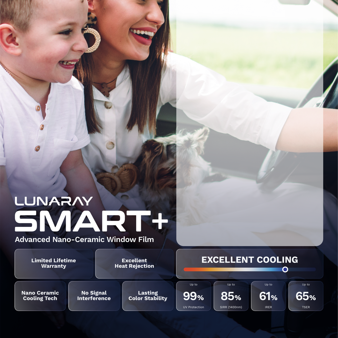 Family in a car with STEK LUNARAY SMART+ window film, showing lifetime warranty, nano-ceramic cooling and no signal interference