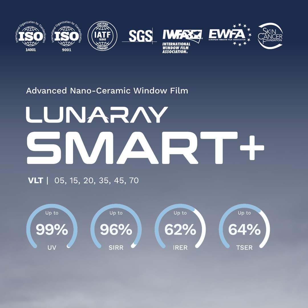 STEK LUNARAY SMART+ advanced nano-ceramic window film with up to 99% UV, 96% SIRR, 62% IRER and 64% TSER