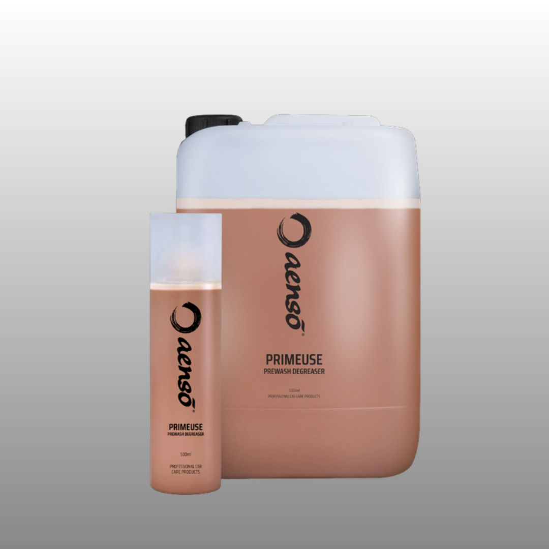 Aenso Primeuse pre-wash degreaser in 500ml spray bottle and 5L canister sizes