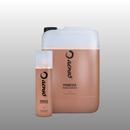 Aenso Primeuse pre-wash degreaser in 500ml spray bottle and 5L canister sizes