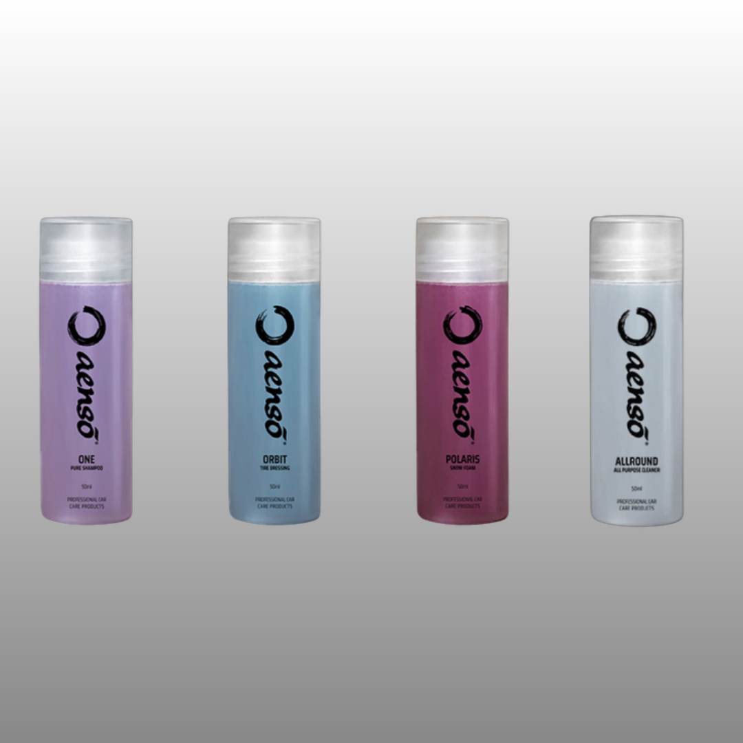 Aenso 50ml sample set: One shampoo, Orbit tyre dressing, Polaris snow foam and Allround APC