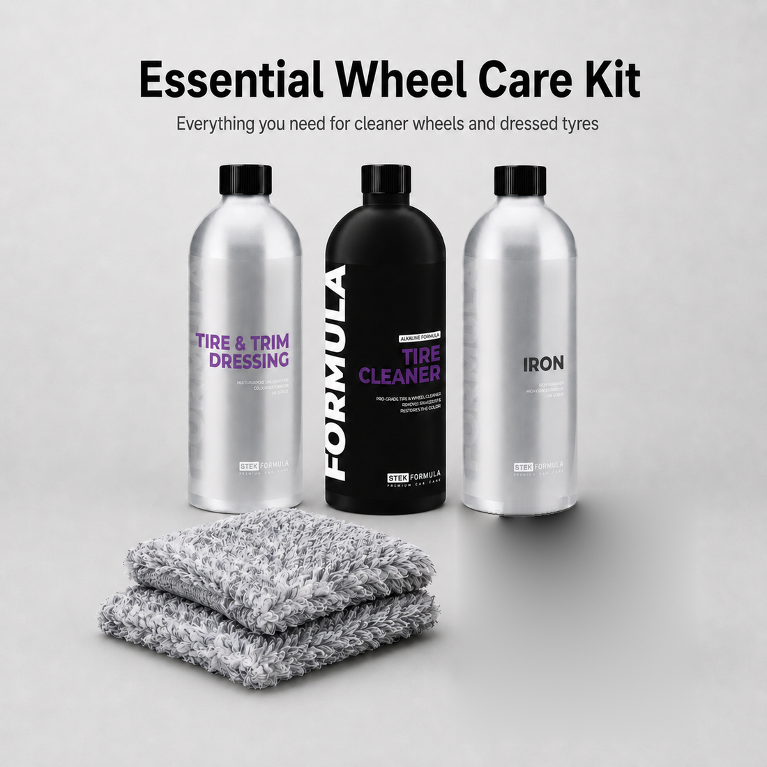 Essential Wheel Care Kit with STEK Formula Tire &amp; Trim Dressing, Tire Cleaner, Iron and two wheel mitts