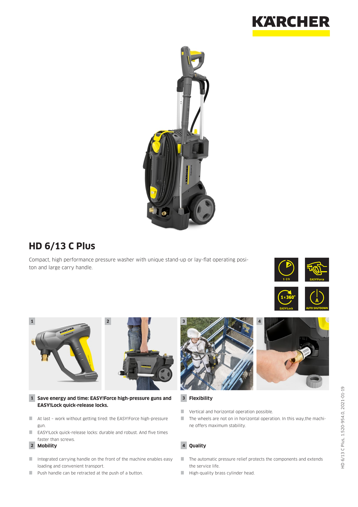 Karcher HD 6/13 C Plus pressure washer with features and benefits on a white background