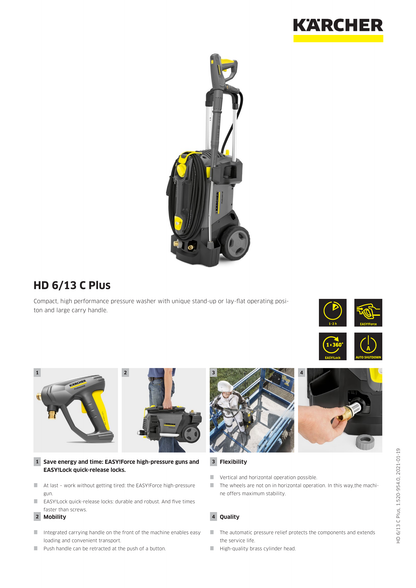 Karcher HD 6/13 C Plus pressure washer with features and benefits on a white background