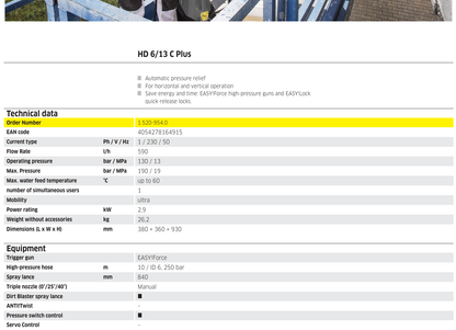 Technical data sheet for an HD 6/13 C Plus pressure washer with visible text and numbers.