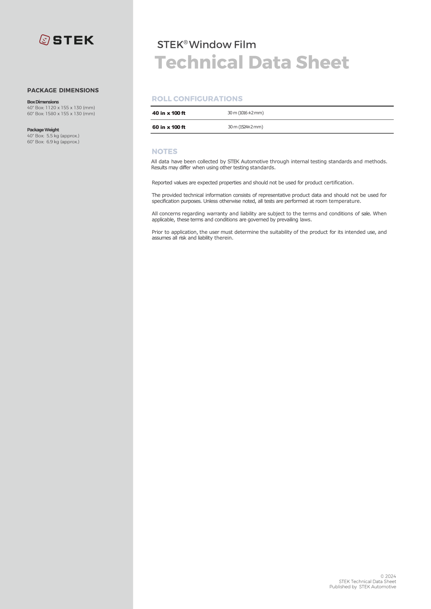 Technical data sheet for STEK STEK2 Window Film roll, showing specifications, package dimensions, and notes on a white page with a gray sidebar.