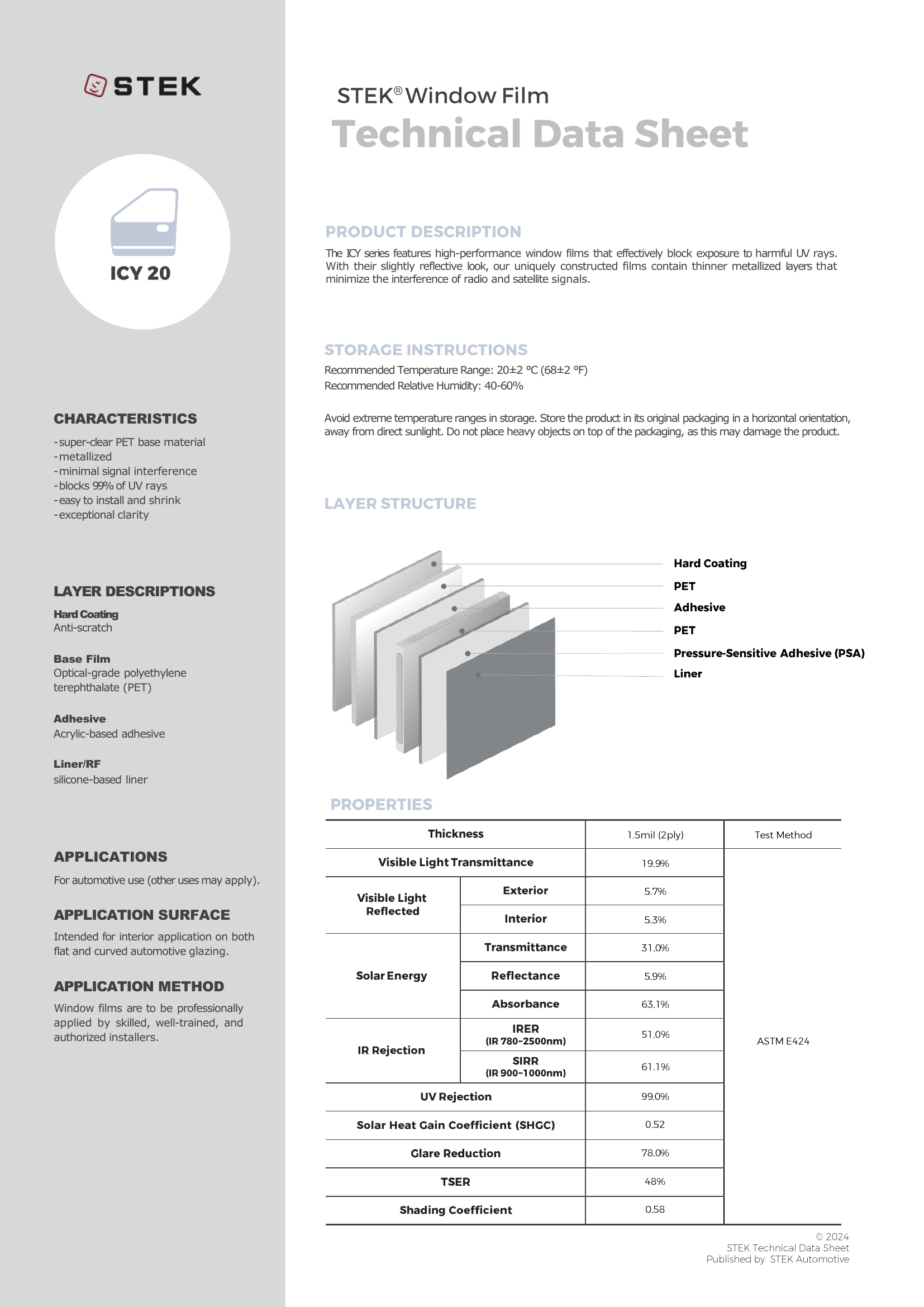 STEK ICY 20 window film technical data sheet