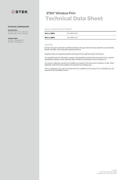Technical data sheet for STEK STEK2 Window Film roll, showing specifications, package dimensions, and notes on a white page with a gray sidebar.