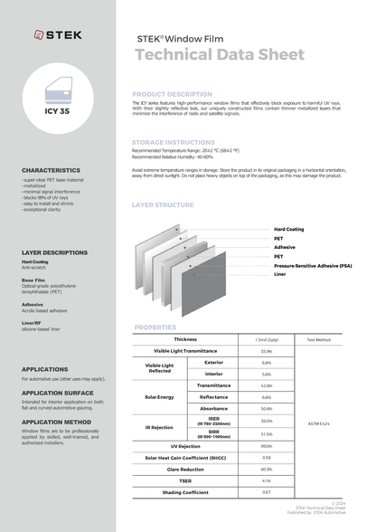 STEK ICY 35 window film technical data sheet